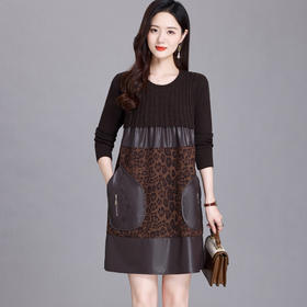 CC-NN-2915中长款上衣女遮屁股洋气豹纹连衣裙2024新款春秋气质针织打底裙子