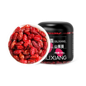 杞里香100g圆罐装山茱萸头茬鲜果鲜制，红润饱满，果肉肥厚，酸甜微涩可搭配枸杞