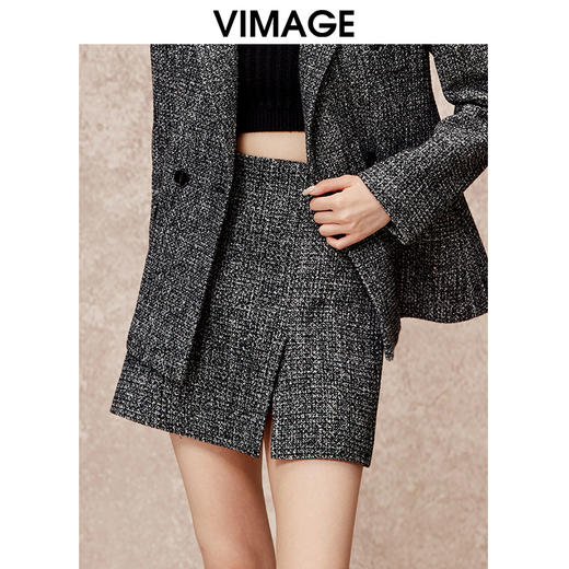 VIMAGE纬漫纪小开叉a字显瘦气质灰色小香风半身裙冬季新款V2206816 商品图2