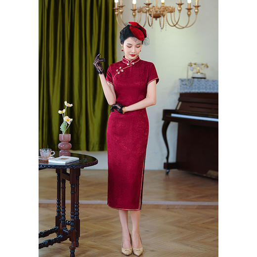 提花真丝桑蚕丝，高端长款修身显瘦婚宴礼服旗袍YY-2489 商品图0