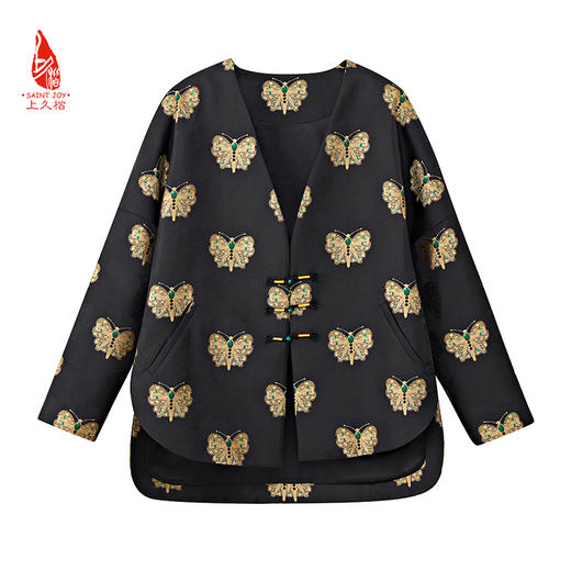 SAINTJOY/上久楷 女式宋锦外套 中式上衣 中国风 复古 黑金蝴蝶绿宝石款 CY1024207017 商品图5