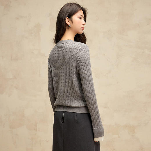 高级感假两件撞色圆领羊毛外套女24秋季新款时尚宽松麻花针织开衫 商品图3