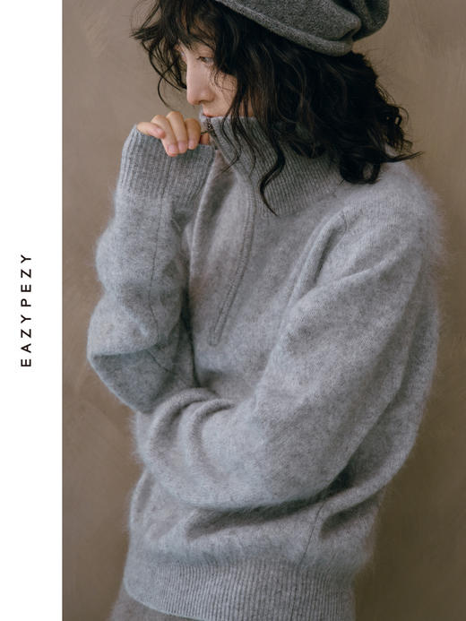 拉毛翻领半拉链羊绒衫 商品图3