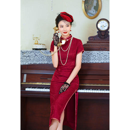 提花真丝桑蚕丝，高端长款修身显瘦婚宴礼服旗袍YY-2489 商品图3