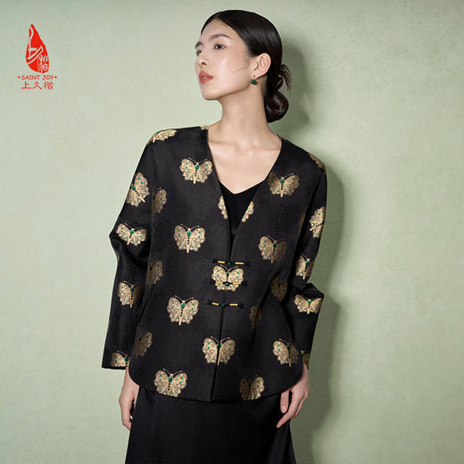 SAINTJOY/上久楷 女式宋锦外套 中式上衣 中国风 复古 黑金蝴蝶绿宝石款 CY1024207017 商品图4