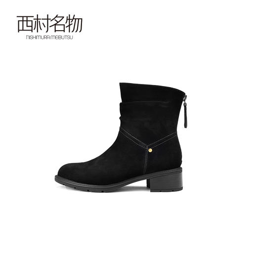 西村名物2024冬季新款真皮粗跟百搭牛皮褶皱软底时装靴女X24DS47661 商品图2