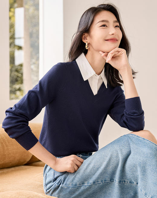 【专属特惠】熙世界学院风假两件上衣女2025春秋款长袖衬衫领拼接打底针织衫 商品图6