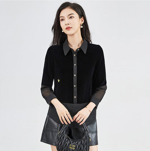 【高货wl】全新升级【铂金会员321/天猫429/差价108】(12658) 洛诗琳真丝丝绒拼接雪纺秋冬名媛气质轻奢简约百搭衬衣女 商品图2