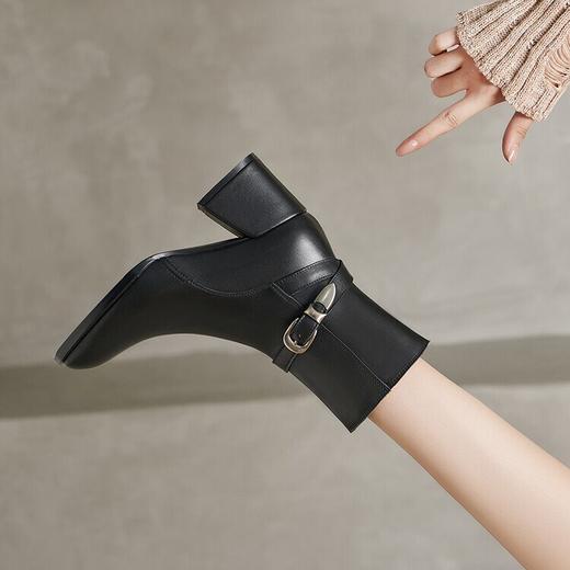 【预售5天】百搭拉链真皮粗跟圆头，切尔西靴皮带扣英伦性感短筒女靴QS&6057 商品图3