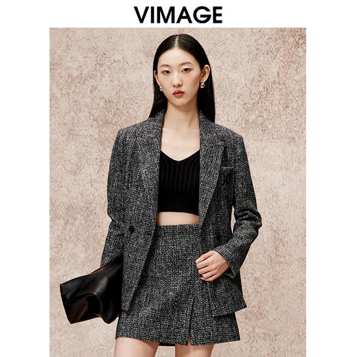 VIMAGE纬漫纪麻面粗纺深灰色气质收腰显瘦西装外套冬季新款V2203816 商品图5