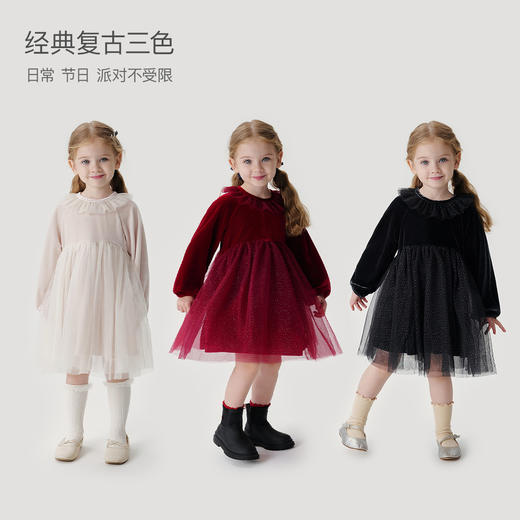 马克珍妮女童优雅丝绒网纱拼接连衣裙宝宝裙子2024秋冬新款241110 商品图1