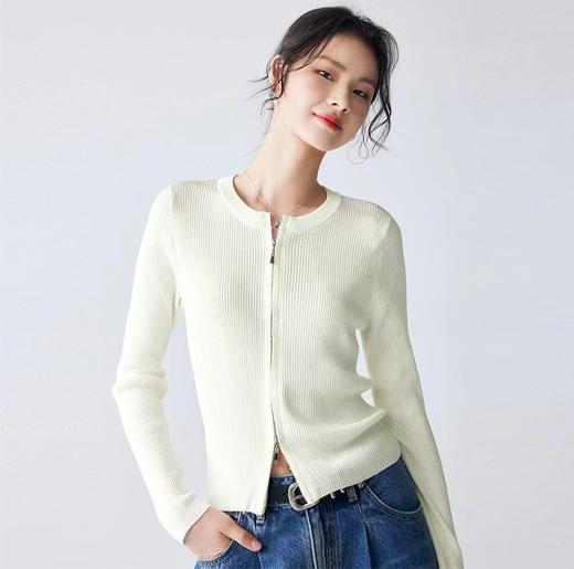 【自hlzs】全新升级【铂金会员192/天猫259/差价67】(10602) 洛诗琳时髦韩系双开拉链羊毛针织上衣 弹力坑条长袖开衫 商品图0