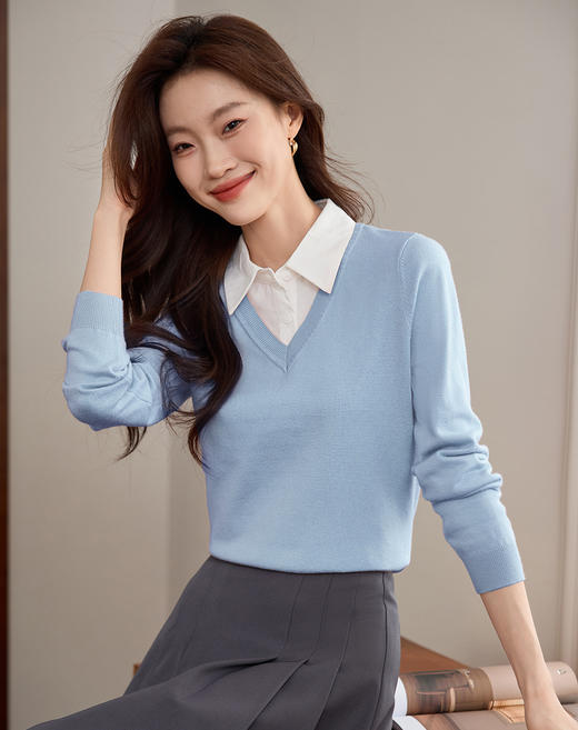 【专属特惠】熙世界学院风假两件上衣女2025春秋款长袖衬衫领拼接打底针织衫 商品图5