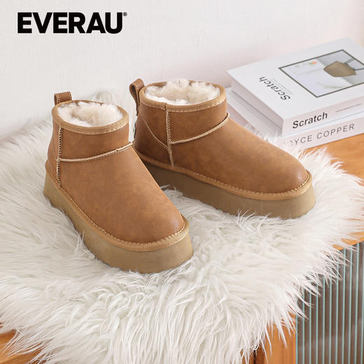 EVERAU简约原生质感牛皮羊皮毛内里4cm防水台增高加厚雪地靴UEA3009 商品图2