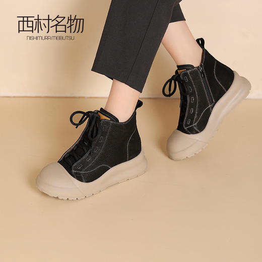 西村名物2024秋冬新款复古真皮时尚厚底休闲鞋舒适百搭高帮鞋女T24DS48071 商品图2