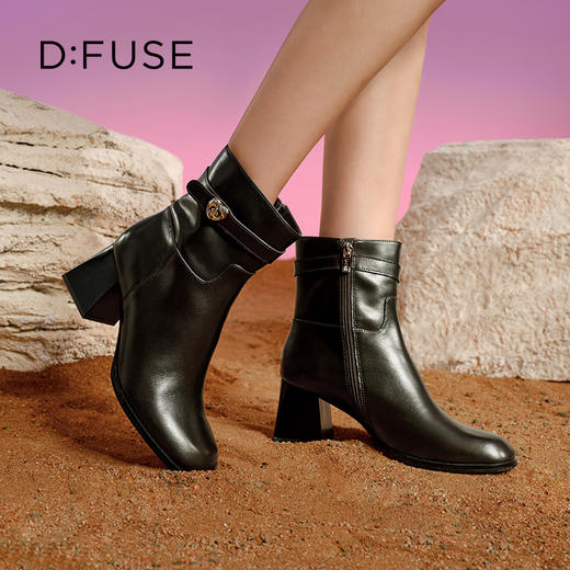 Dfuse迪芙斯2024冬季新款经典时装靴法式复古做旧擦色牛皮粗跟短靴DF44116585 商品图0