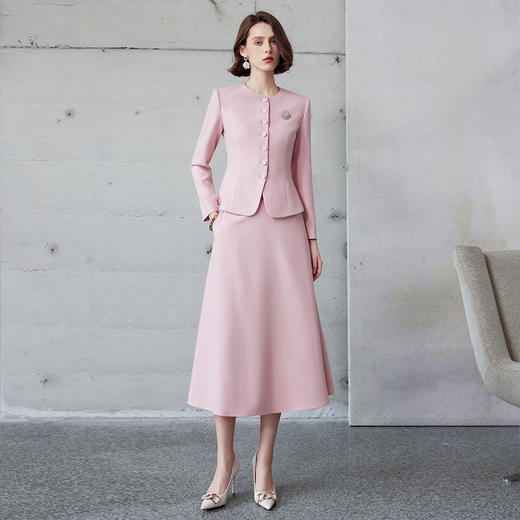 IWY/新中式轻国风套装长袖外套通勤粉色职业装洋气伞裙长裙C2040+S2102-P 商品图0