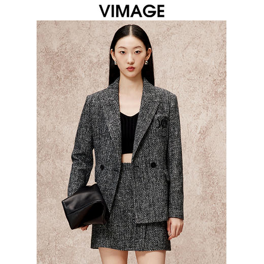 VIMAGE纬漫纪麻面粗纺深灰色气质收腰显瘦西装外套冬季新款V2203816 商品图0