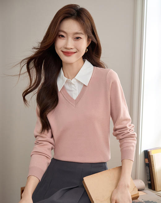 【专属特惠】熙世界学院风假两件上衣女2025春秋款长袖衬衫领拼接打底针织衫 商品图8