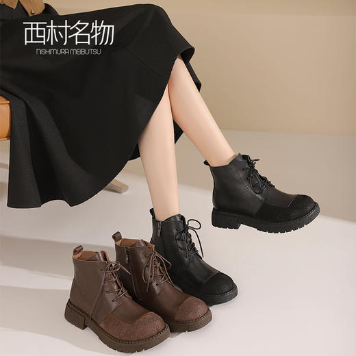 西村名物2024秋冬新款复古厚底系带英伦风中跟真皮马丁靴女T24DS47821 商品图2