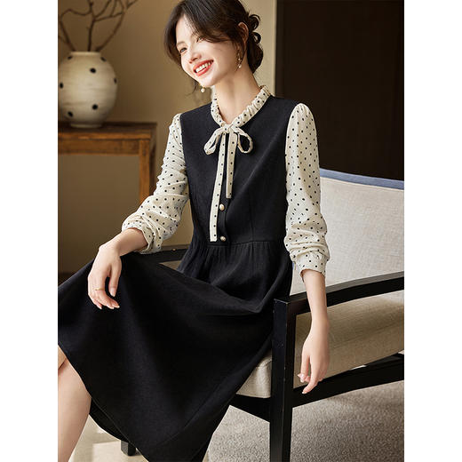 【专属特价】熙世界浪漫优雅赫本风波点蝴蝶结假两件长袖连衣裙女2025秋冬新款 商品图1