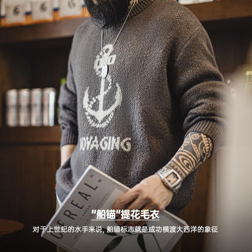 工装优选 美式复古针织船锚提花毛衣vintage套头圆领打底衫男秋冬 商品图1