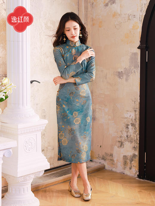 逸红颜明月优选 #仿香云纱缠枝牡丹印花旗袍「洛苒」，璀璨蓝金，古法东方之美 商品图6
