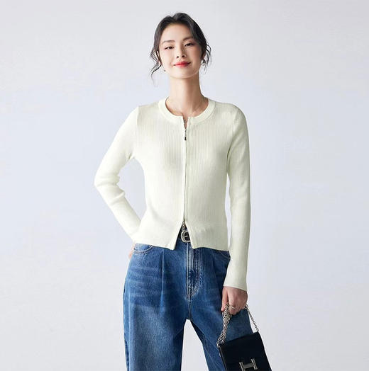 【自hlzs】全新升级【铂金会员192/天猫259/差价67】(10602) 洛诗琳时髦韩系双开拉链羊毛针织上衣 弹力坑条长袖开衫 商品图1
