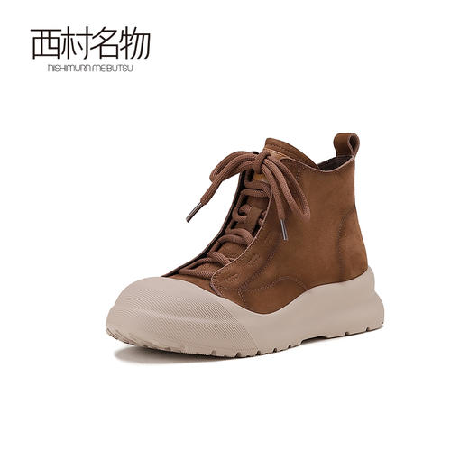 西村名物2024秋冬新款复古真皮时尚厚底休闲鞋舒适百搭高帮鞋女T24DS48071 商品图0