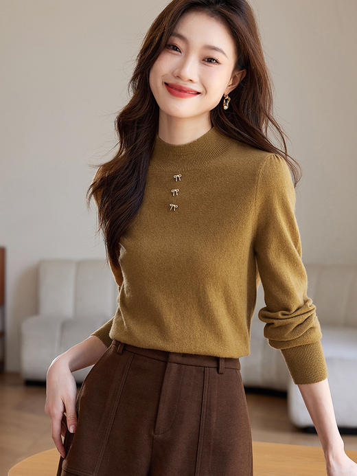 【年货节】熙世界红色100%纯羊毛衫女秋冬款半高领毛衣宽松羊绒针织打底衫 商品图10