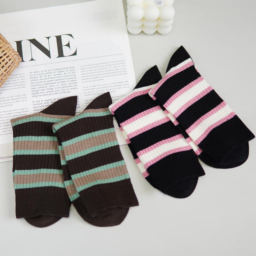 女【2双装 6双6折】丨女士中长筒袜子双针条纹撞色棉袜四季棉袜女袜子【2422202】 商品图2