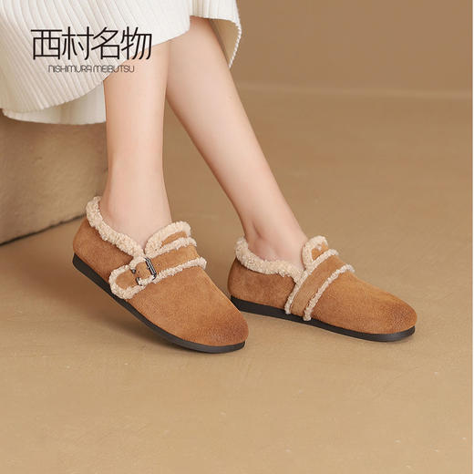 西村名物2024冬季新款真皮简约百搭加绒平底舒适毛毛鞋女X24DM47141 商品图1