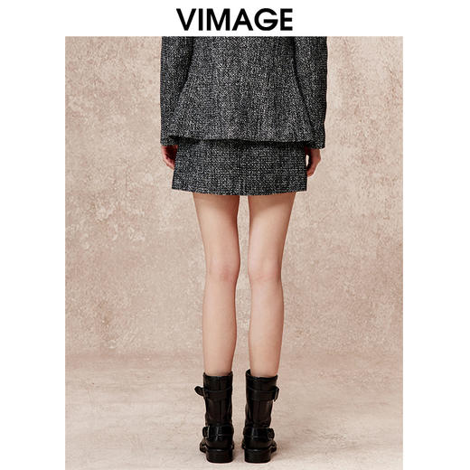 VIMAGE纬漫纪小开叉a字显瘦气质灰色小香风半身裙冬季新款V2206816 商品图4