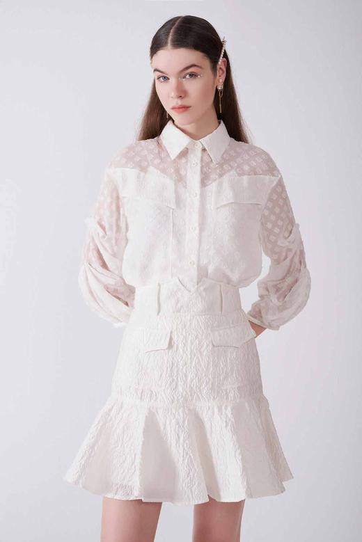 白色菱纹提花乔其纱褶袖衬衣 商品图0