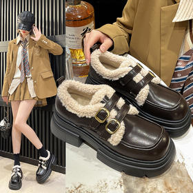 【厚底乐福鞋】秋冬新款 韩版休闲粗跟加绒加厚一脚蹬黑色小皮鞋