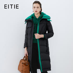 EITIE爱特爱冬季新款撞色收腰显瘦连帽加厚长款羽绒服女7611316