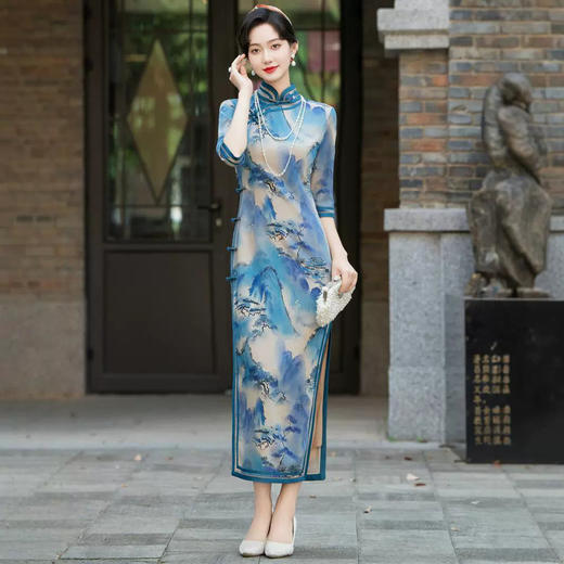 长款旗袍春秋季七分袖复古改良新中式HQ333 商品图0