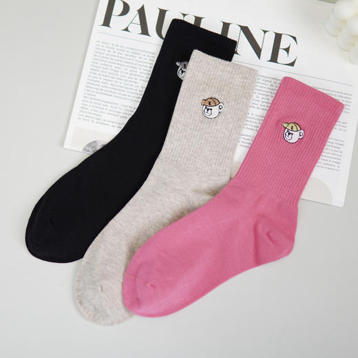女【2双装 6双6折】丨女士中长筒超柔棉袜子小熊刺绣休闲袜女四季棉袜女袜【2422102】 商品图1