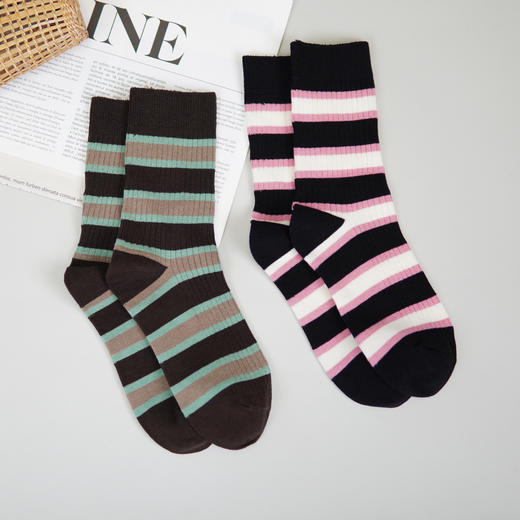 女【2双装 6双6折】丨女士中长筒袜子双针条纹撞色棉袜四季棉袜女袜子【2422202】 商品图0