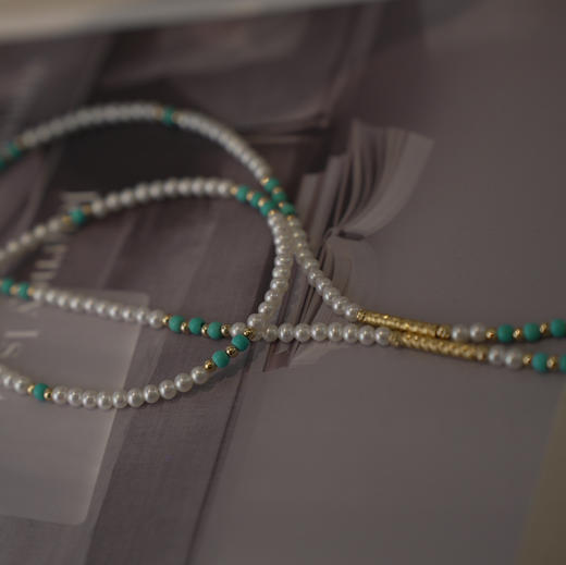 秋日调调 流苏款毛衣链 复古时髦 当下最in 人造绿松+ji光淡水珍珠毛衣链 保色合金 14k注金 3-4mm 高品质小项链 总长度85cm 商品图4