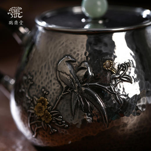 鹤鼎堂银壶闻天系列景山槌目纹錾刻鸟语花香急须(银色)（缺货） 商品图2