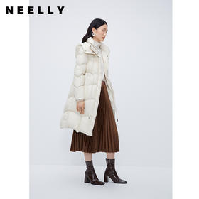NEELLY纳俪商场同款显瘦羽绒服女冬中长款收腰保暖连帽白鸭绒大衣N24104L14406