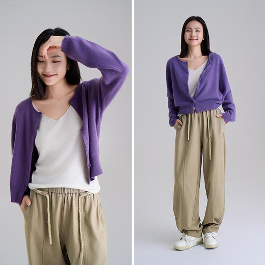 【100%羊毛】秋冬调色盘开衫 圆领纽扣宽边毛衣 短款羊绒外套 商品图5