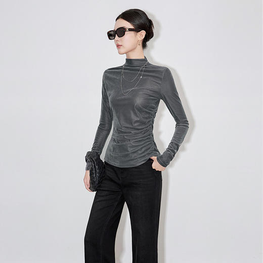 【高货wl】全新升级【铂金会员174/天猫229/差价55】(21421) 洛诗琳微透朦胧美丝绒打底衫时髦百搭上衣T恤高领捏褶长袖 商品图1