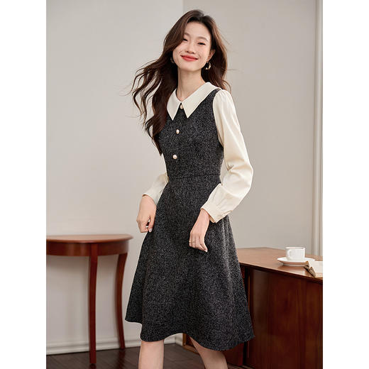 【149元福袋，不支持退换】熙世界小香风假两件连衣裙女秋冬季新款娃娃衬衫领拼接粗花呢裙子 商品图2