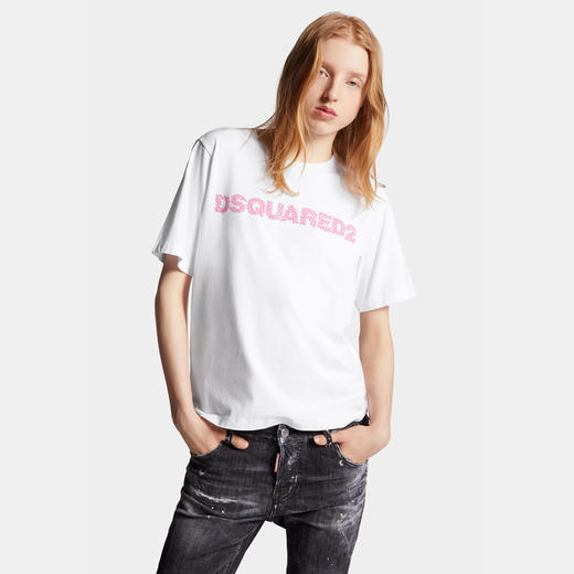 DSQUARED2 女士字母徽标棉质平纹针织宽松圆领短袖T恤 白色 S72GD0551 S24662 100 商品图2