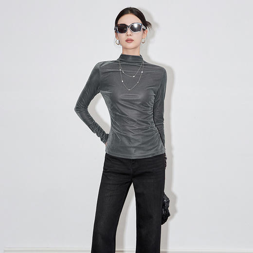 【高货wl】全新升级【铂金会员174/天猫229/差价55】(21421) 洛诗琳微透朦胧美丝绒打底衫时髦百搭上衣T恤高领捏褶长袖 商品图2