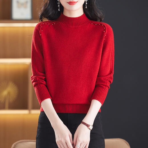 CC-13-6386毛衣女秋冬2024新款时尚洋气厚款外穿钉珠短款半高领针织打底上衣 商品图2