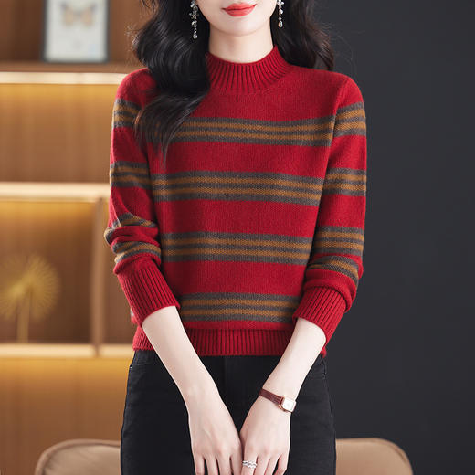 CC-13-6378秋冬半高领条纹女士套头毛衣女宽松减龄优雅气质打底针织衫 商品图0