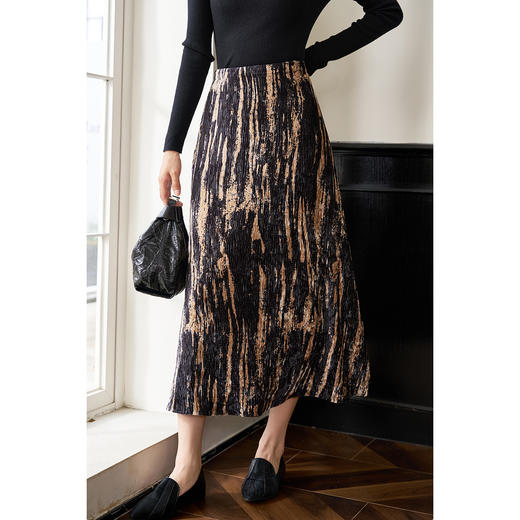 剩S/M/L/XL 米思阳2025冬季新款复古光泽感丝绒半身裙设计感印花a字裙女2068 商品图2